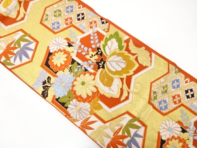 アンティーク　毘沙門亀甲に桐・菊模様織出し袋帯（着用可）